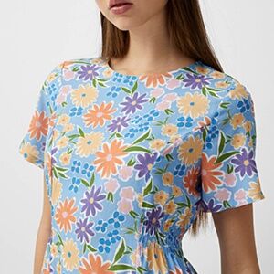 Sky blue and colourful flowers lightweight side smocked viscose dress NWT